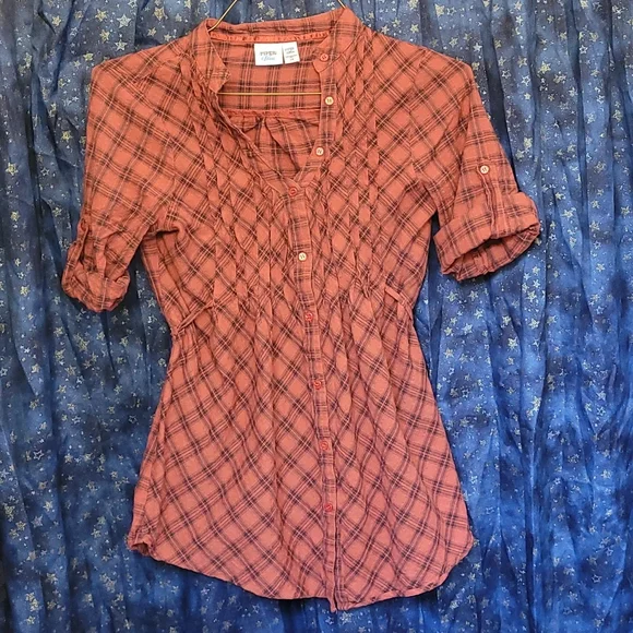 🍂3/$10 Piper&Blue Orange+Black Plaid Button-down Top w/ Tab Sleeves & Tie-Waist - Picture 2 of 13